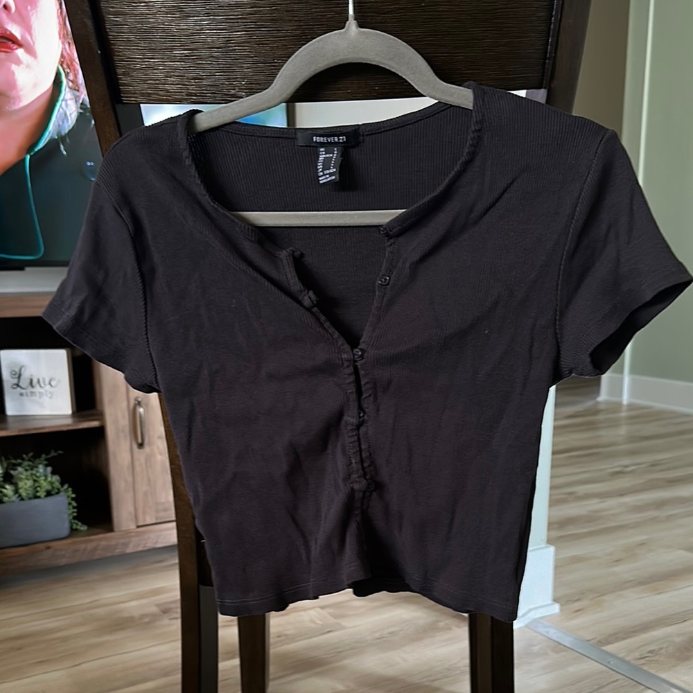 Black Ribbed Button-Up Top